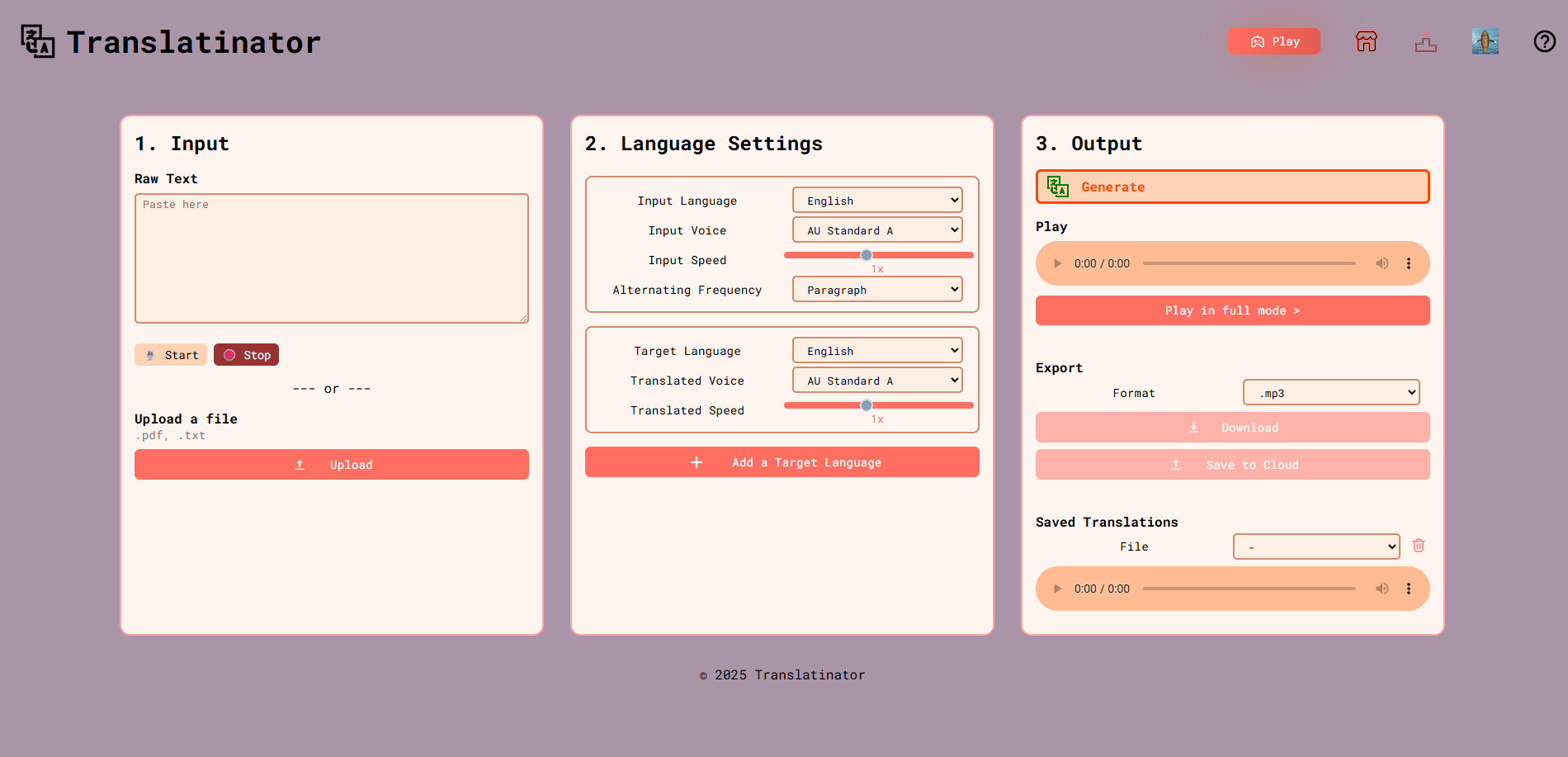 Translatinator home page workflow